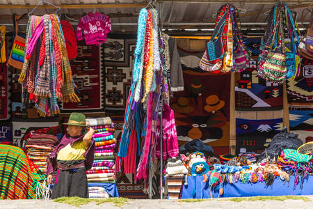 Salasaca, Ecuador - 24 January 2014: Andean Peasant Woman Selling Handicraft Products From Her Village In Salasaca On January 24, 2014のeditorial素材