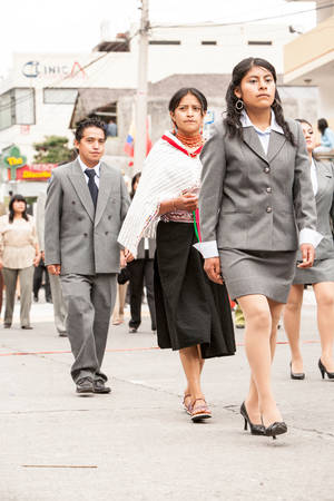 Banos De Agua Santa, Ecuador - 26 July 2015: Quechua Students Attending Summer Break Festivity In Banos De Agua Santa On July 26, 2015のeditorial素材