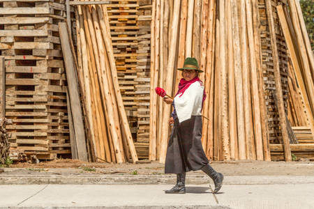 Salasaca, Ecuador - 24 January 2014: Andean Peasant Woman Spinning Wool On The Go In Salasaca On January 24, 2014のeditorial素材