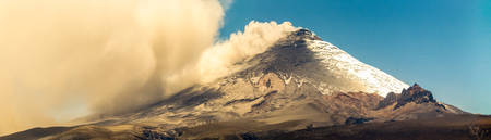 Dramatic Panorama With Cotopaxi Volcano Eruption In 2015 Large Quantity Of Ash Is Blown Into The Skyの写真素材