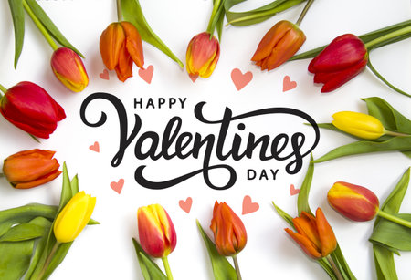 Happy Valentines Day greeting card or banner. Valentines hearts on beautiful flowers backgroundの写真素材