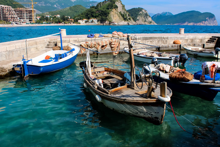 View at harbor in Petrovac, Montenegroの写真素材
