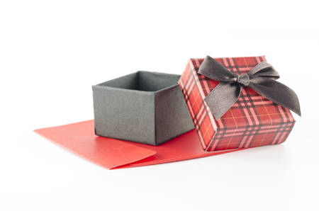 red enveloper and scotch gift box isolated on white background