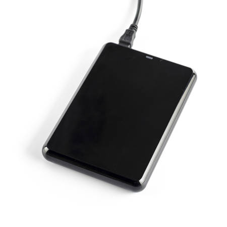 black external hard disk on a white 