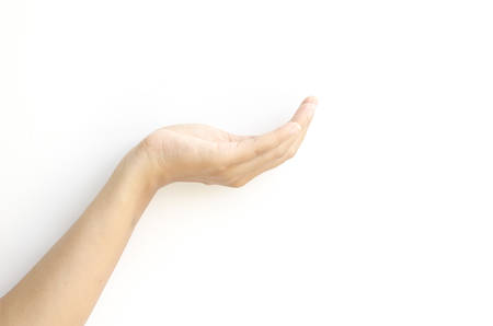 asia female open hand on a white backgroundの写真素材
