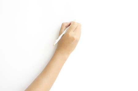 female hand writing on a white backgroundの写真素材