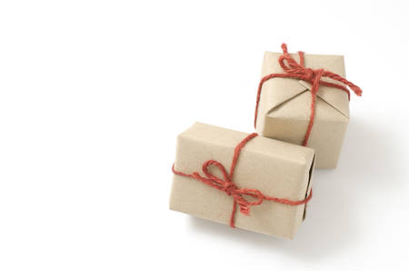 two craft cardboard gift boxes on a white backgroundの写真素材