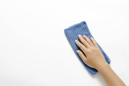 asia  woman right hang with blue rag cleaning on a white background hang with blue rag cleaning on a white backgroundの写真素材