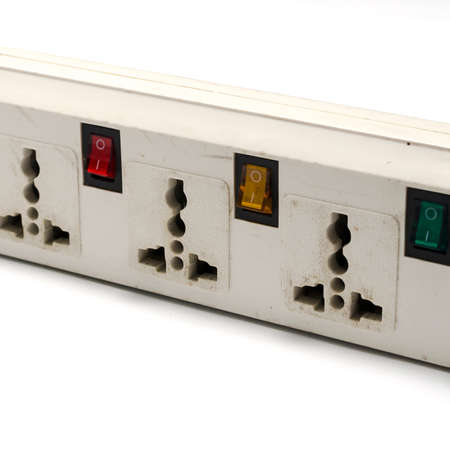electric multiple socket outlet on a white backgroundの写真素材