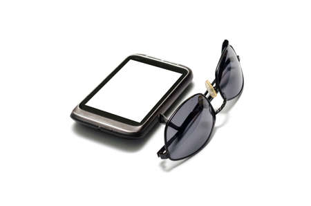 sunglasses with smart phone on a white backgroundの写真素材
