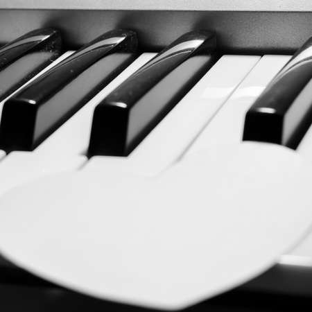 paper heart on piano keyboard black and white colorの写真素材