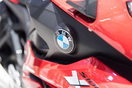 BANGKOK,THAILAND - APRIL 4 : BMW big bike  show on April 4,2015 at the 36th Bangkok international motor show in Thailand.Close up on BMW logo.のeditorial素材