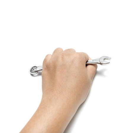 hand holding wrench isolated on white backgroundの写真素材
