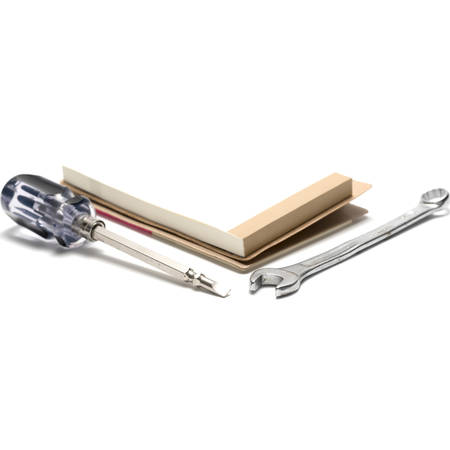 wrench notebook and screwdriver isolated on white backgroundの写真素材