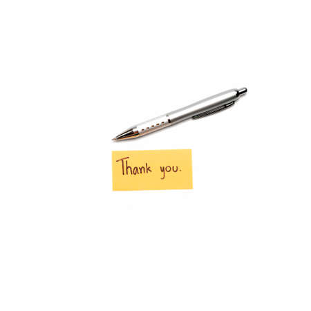 Thank you card with pen isolated on white backgroundの写真素材