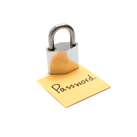 padlock on password word isolated on white backgroundの写真素材