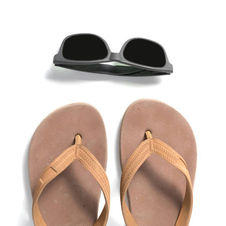 sunglasses and slippers isolated on white backgroundの写真素材