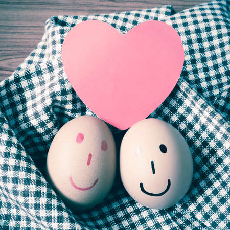 smile love egg couple in brown kitchen towel on wood table vintage styleの写真素材