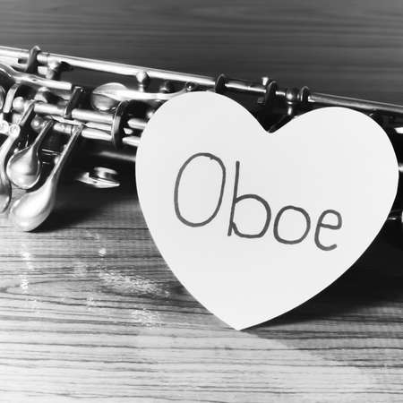oboe with heart on wood black and white color tone styleの写真素材