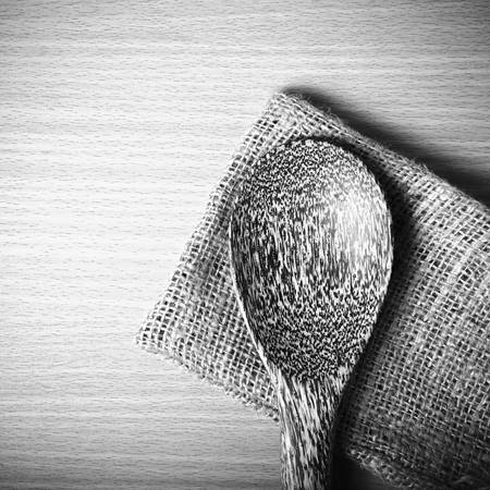 wooden spoon on table black and white color tone styleの写真素材