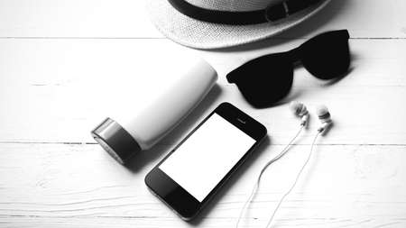 summer tools over white table black and white color styleの写真素材