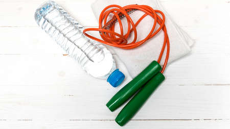fitness equipment:water bottle,towel,ropeの写真素材