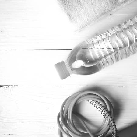fitness equipment:water bottle,towel,rope black and white color styleの写真素材