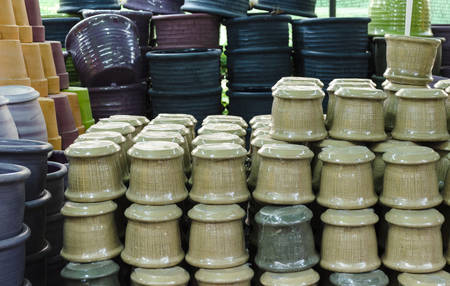 close up old flower clay pot in marketの写真素材