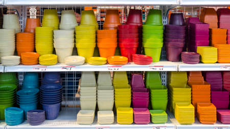 close up clourful flower clay pot in marketの写真素材