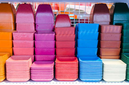 close up clourful flower clay pot in marketの写真素材