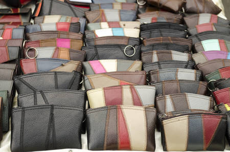 selling leather wallet at shop in Thailand marketの写真素材