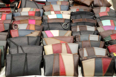 selling leather wallet at shop in Thailand marketの写真素材