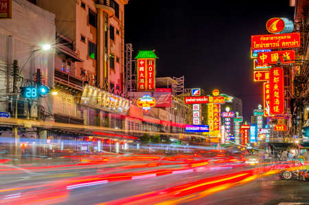CHINATOWN, BANGKOK, THAILAND - FEBRUARY 8 , 2017 : Cars and shops on Yaowarat road. Chinatown with notable Chinese buildings, restaurants and decoration. Busy Yaowarat Road at night.のeditorial素材