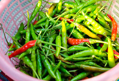 Green fresh pepper in plastic basket