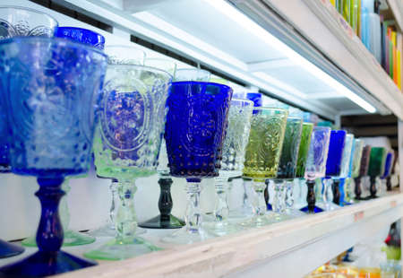 colorful glass of water selling on Shelvesの写真素材