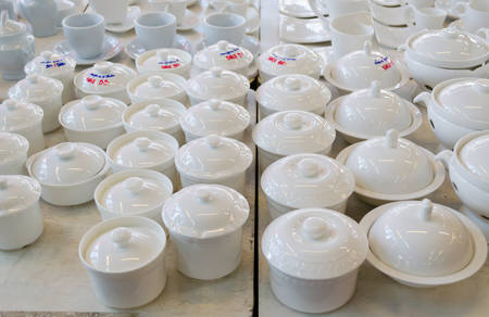 selling ceramic tableware at Jatujak weekend market,Bangkok Thailand.の写真素材
