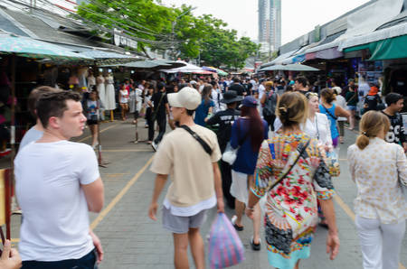 BANGKOK,THAILAND - 19 FEBRUARY 2017 :  tourist shopping in Chatuchak weekend market outdoor in sunny day Bangkok Thailand background.のeditorial素材