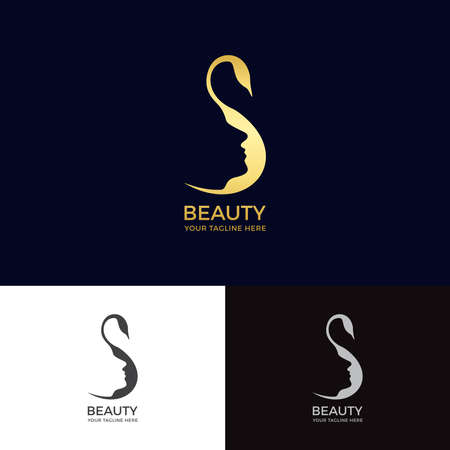 Beauty Logo-Beauty woman fashion logo. Golden Abstract vector template linear style on a black background.のイラスト素材