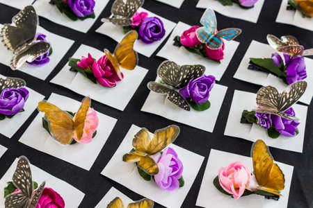 Accessories Woman,Row of Beautiful hairpin-butterfly and flower made from cloth in shop.の写真素材