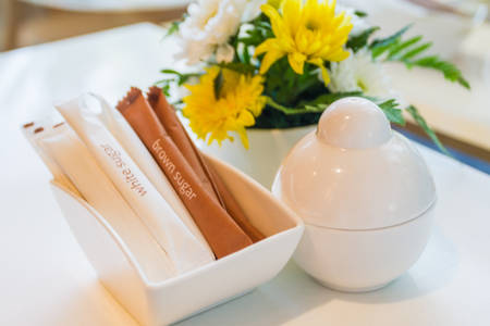 White paper bag sachet  for white and brown sugar ingredient like coffee in cafe.