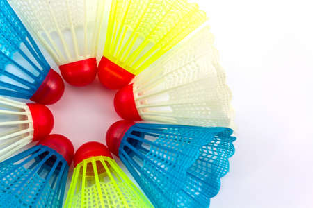 Colorful of plastic shuttlecocks toy on white background. の写真素材
