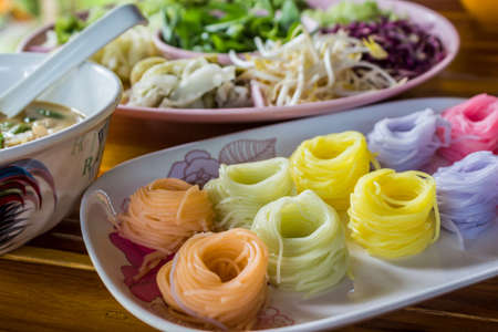 Colorful of Thai vermicelli, rice noodles eaten with curry,Thai food.
