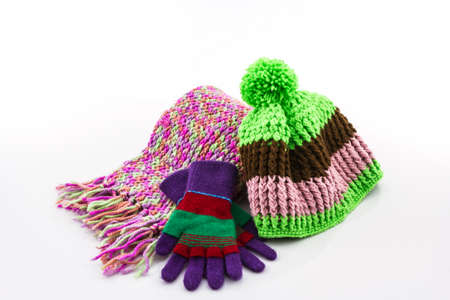 Collection Winter with accessories, Colorful woolen glove, scarf and hat.の写真素材