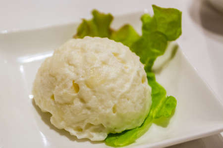Close up  Mashed potatoes  on white plates.の写真素材