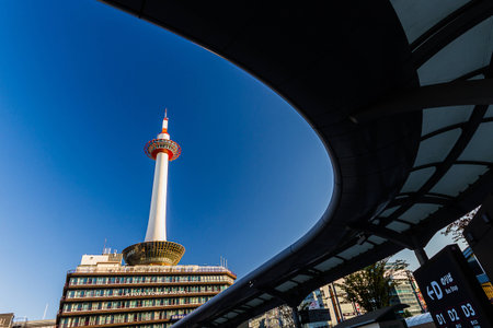 Kyoto, Japan - October 24, 2014: Kyoto tower with dark sky in Japan. The steel tower is the tallest structure in Kyoto with its spire at 131 metres (430 ft).のeditorial素材