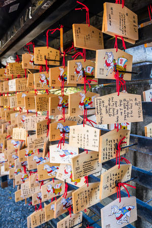 Kiyomizu-dera Temple Kyoto,, Japan - October 24, 2014: A Japanese votive plaque(Ema) hanging in Kiyomizu temple,Ema are small wooden plaques used for wishes by shinto believers.のeditorial素材
