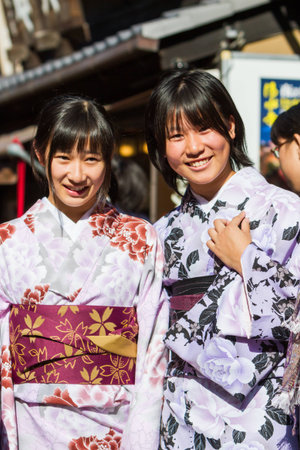 Kyoto, Japan - October 24, 2014: Pretty girl wearing Japanese kimono at Kiyomizu-dera Temple in Kyoto, Landmark of Japan.のeditorial素材