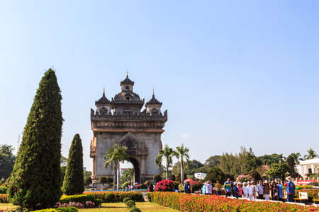 Vientiane, Laos - December 11,2014:Tourists visit Patuxai on December 11,2014 Patuxai is a war monument in the centre of Vientiane, Laos, who fought in the struggle for independence from France.のeditorial素材