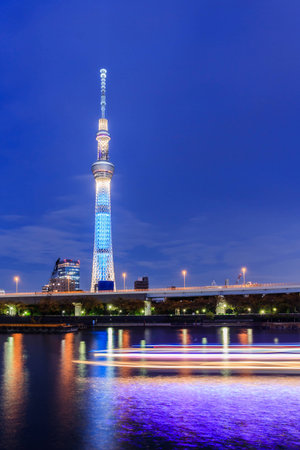 Tokyo,Japan - October 26,2014 : View of Tokyo Sky Tree (634m) at night, the highest free-standing structure in Japan.のeditorial素材