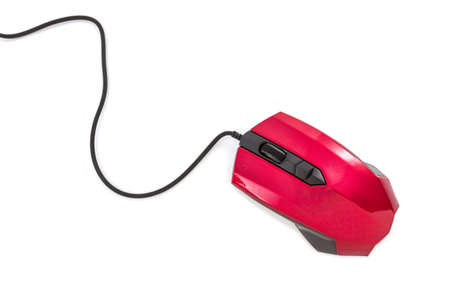 Contemporary red with black computer mouse on white background.の写真素材